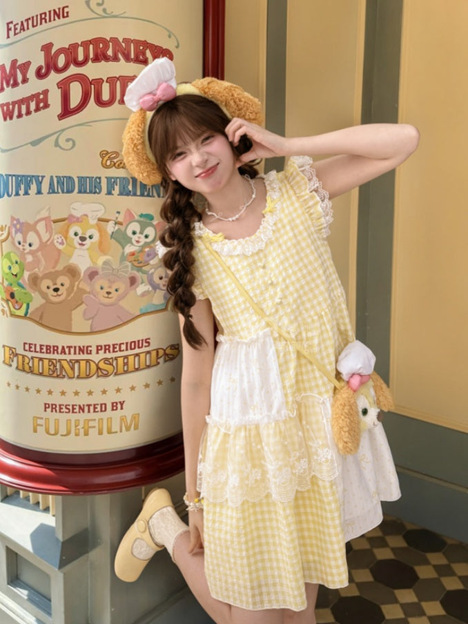 Plaid Dress Tiered Yellow Patchwork Design Flutter Sleeves Sweet
