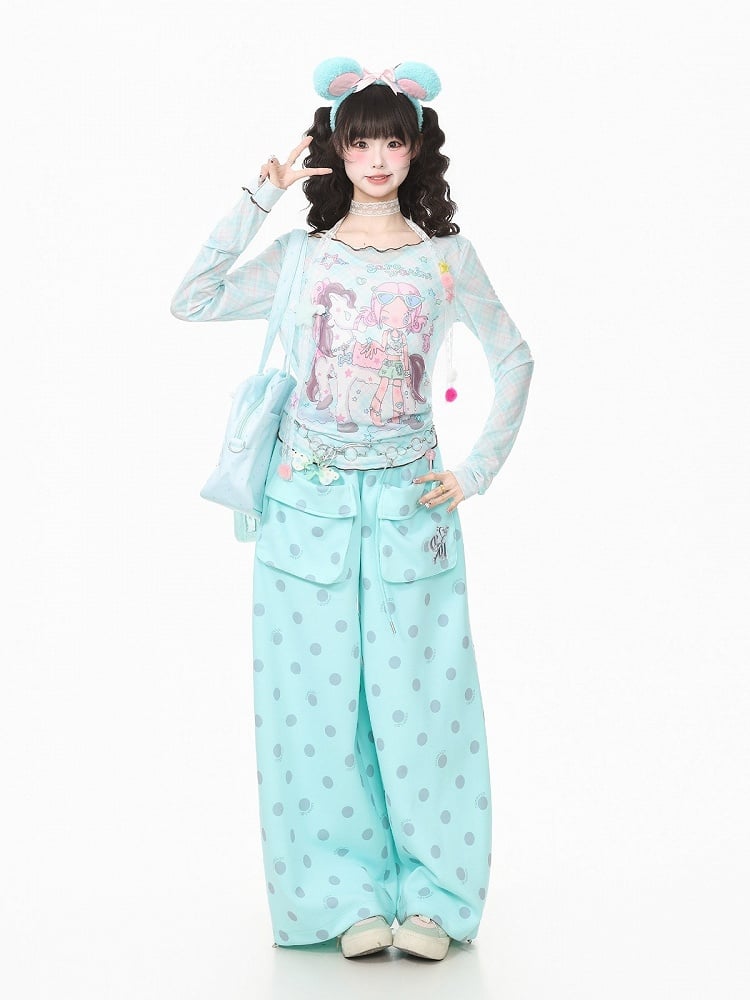 Cyan Breathable Mesh Long Sleeve Sun Protection Tee with Cartoon - Languid Park