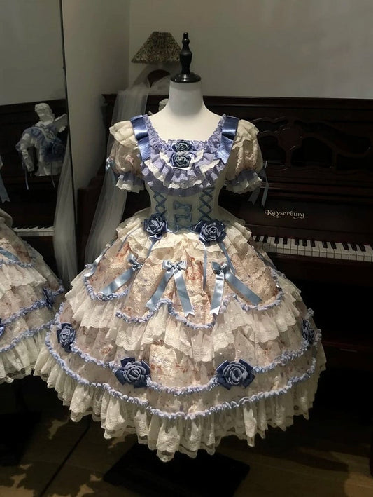 Puffy Rose Dress Hime with Lolita Accents Blue Multi-Layered Dark Ruffle
