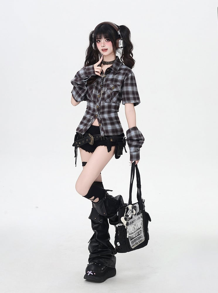 Detachable with Blue and Brown Plaid Lace-up Back Backless Shirt