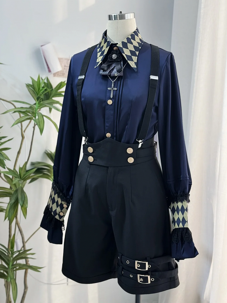 with Straight-leg Straps Lolita Ouji Shoulder Black Shorts