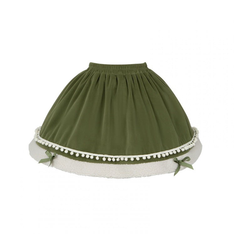 Green Elastic Waist Fleece Hemline Winter Lolita Skirt