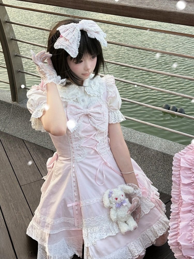 Snowy Pink Cotton JSK Dress with Ruffle Edging