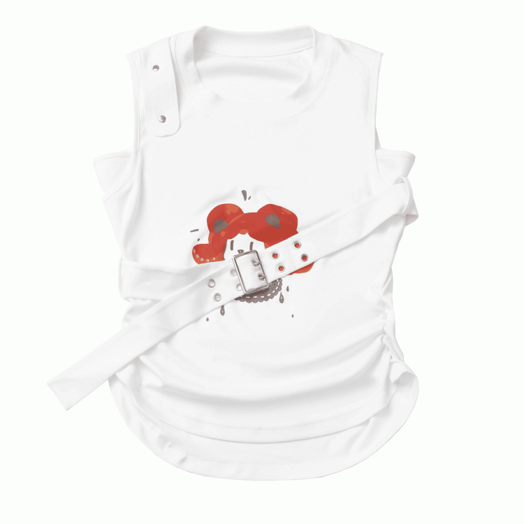 Weißes Baumwoll-Tanktop mit Cartoon-Print und abnehmbarem Schnallenriemen
