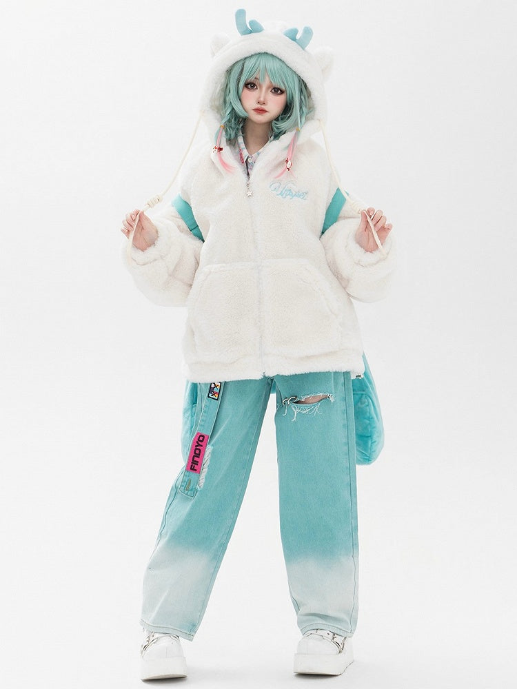 Lake – Asymmetrische, blaue Hose mit Löchern im Used-Look