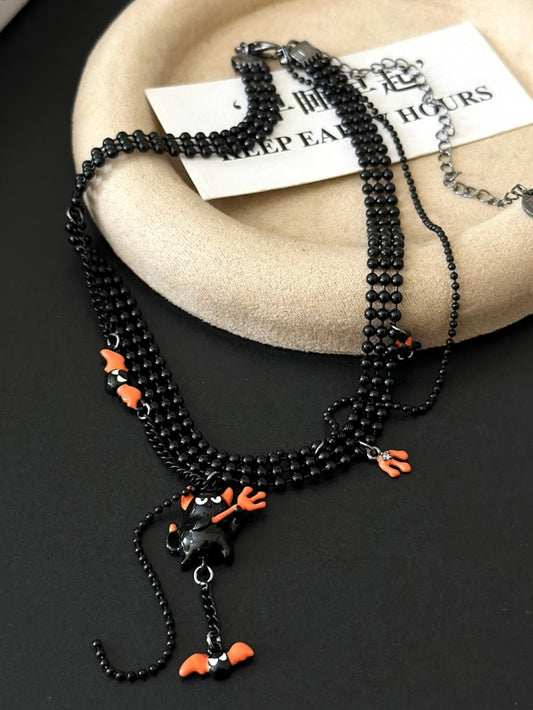 Y2K ブラックシルバーデビルペンダントネックレス