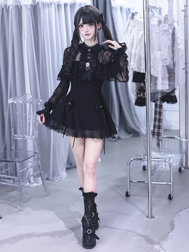 Jirai Kei Black Lace Long-Sleeve Dress with Shorts & Bow Tie Three-Piece Set - Ekomi
