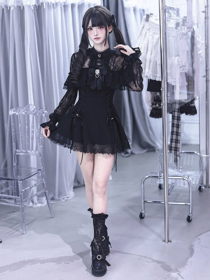 Jirai Kei Black Lace Long-Sleeve Dress with Shorts & Bow Tie Three-Piece Set - Ekomi
