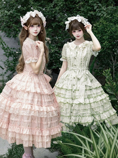 Sweet Jasmine Embroidered Green OP Lolita A-Line Gown with Puff Sleeves & Tiered Skirt - ZHIJINYUAN
