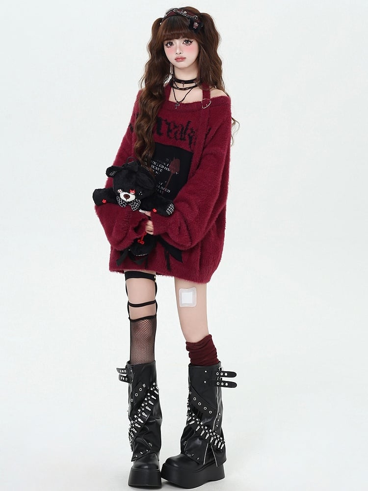 Black/Wine Red/Purple Letter Graphic Halter Neck Loose Sweater