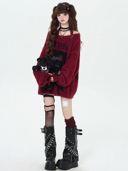 Black/Wine Red/Purple Letter Graphic Halter Neck Loose Sweater