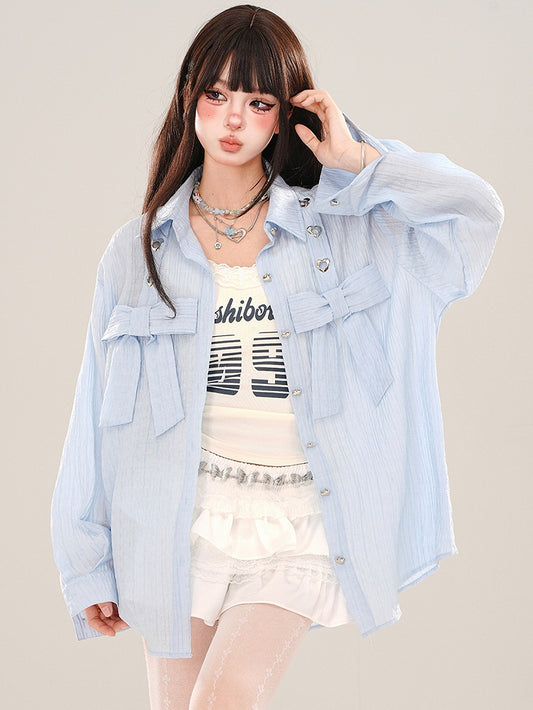 Blue Bowknot Details Loose Shirt