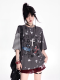 T-Shirt Loose Y2K Graffiti Print Rundhals Grau/Weiß
