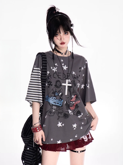 T-Shirt Loose Y2K Graffiti Print Rundhals Grau/Weiß