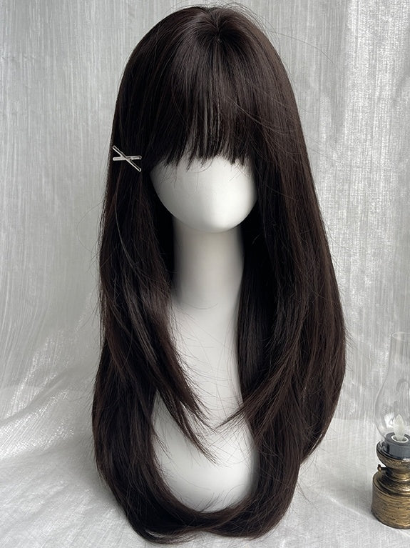 Schwarze, lange, glatte Kunsthaarperücke mit vollem Pony