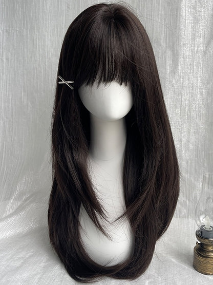 Schwarze, lange, glatte Kunsthaarperücke mit vollem Pony