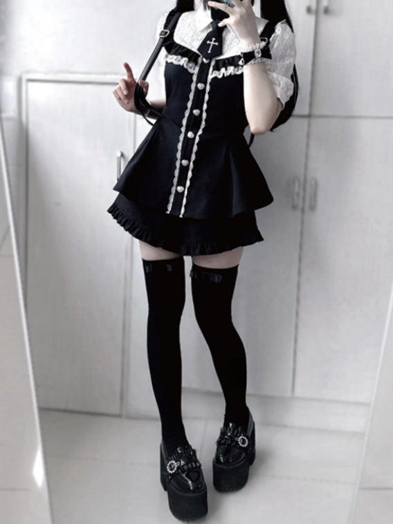 ジライ フルセット - レースヘムブラウス+フリルボタン ケイハートトリム ブラックショーツ+ネクタイ