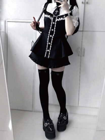ジライ フルセット - レースヘムブラウス+フリルボタン ケイハートトリム ブラックショーツ+ネクタイ