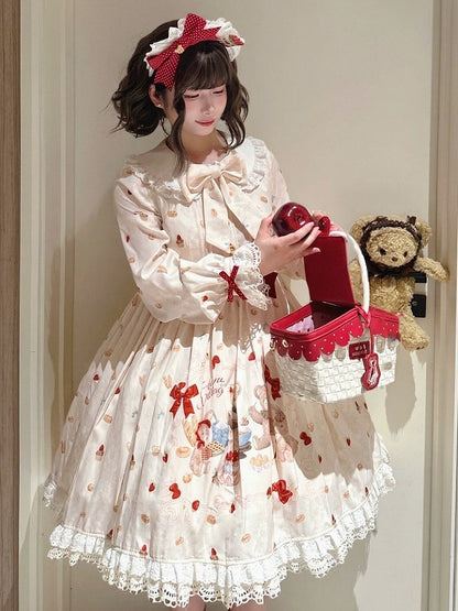 Peter Pan Collar Bear & Cake Print OP Dress with Bow - Honey Village
