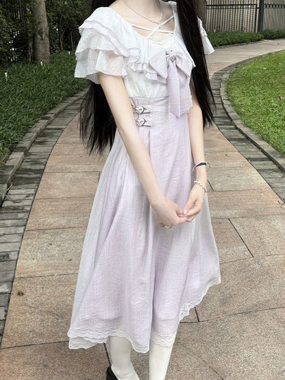Hem Neckline Long with Version Dress Bowtie Jirai Kei Lavender Heart Buckles Waist Tiered Flounce