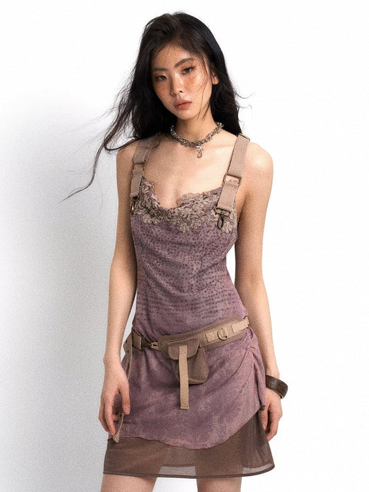 with Back Neck Adjustable Gray PU Belt Layered Dress Cowl Pink Merge-Strap