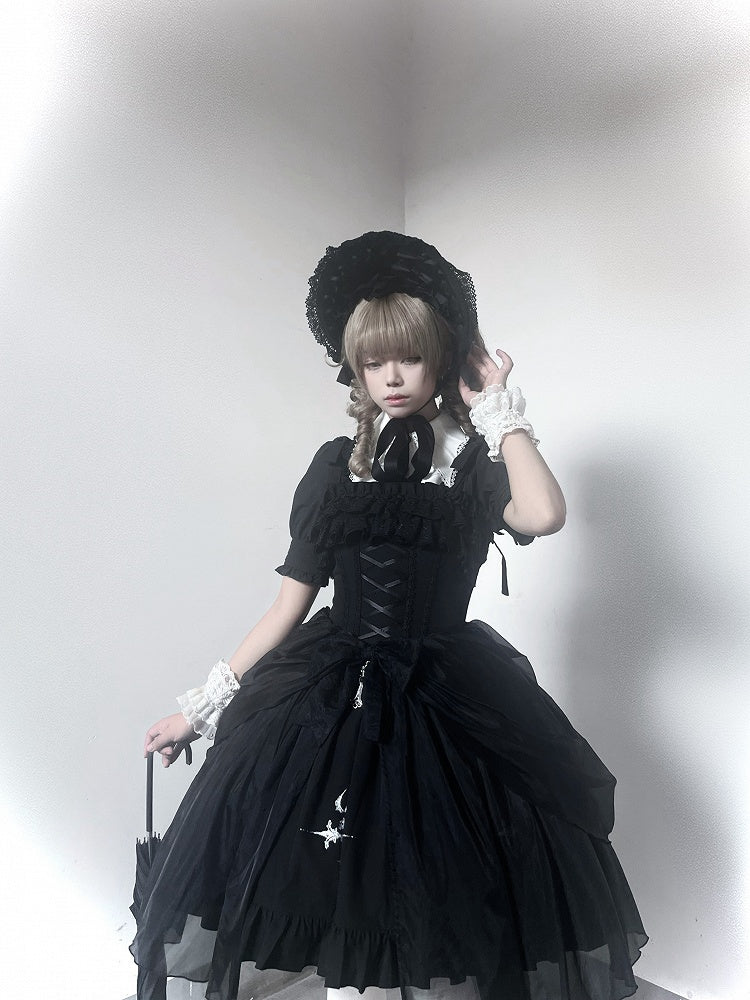 Black with Jumper Gothic Overlay Drawstring Boned Detachable Waist Lolita Skirt