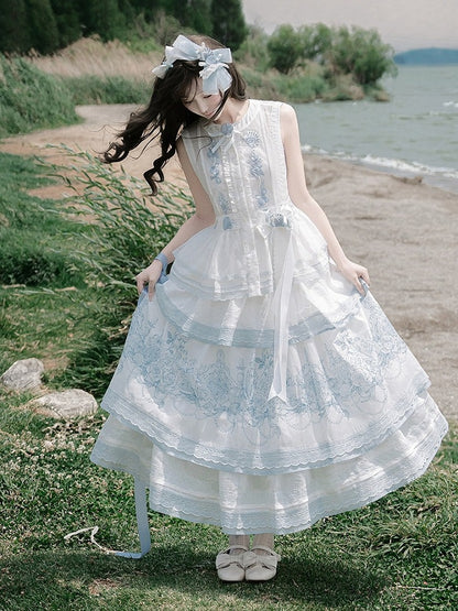 White Sheer Blue Shell Embroidered Lace Vest with Self-Tie - Yimu Walnut