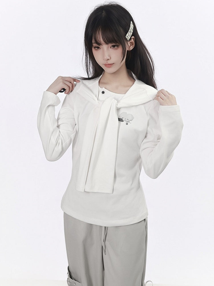 Kawaii White Puffy Mouse Print Waist-cinching Long Sleeve Top with Shawl - PINK SAVIOR