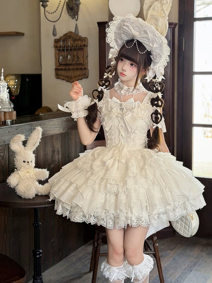 White Ballet Style Lace Ruffle Lolita JSK Dress with Bead Chain Bow Details - White Sugar Girl