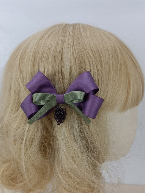 Grape Purple Deep Satin Bow Green Hairclip Charm