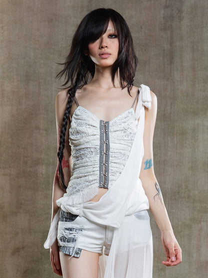 Punk Crisscross Cami Embroidered Floral with Lacing Top Beige Back Gothic