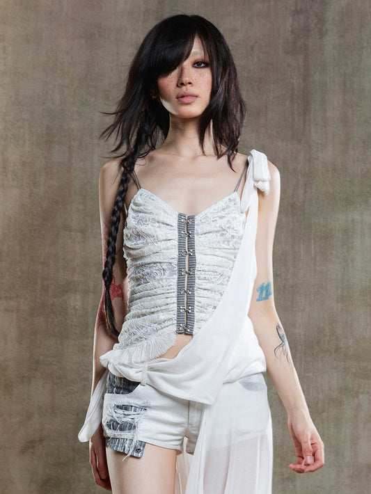 Punk Crisscross Cami Embroidered Floral with Lacing Top Beige Back Gothic