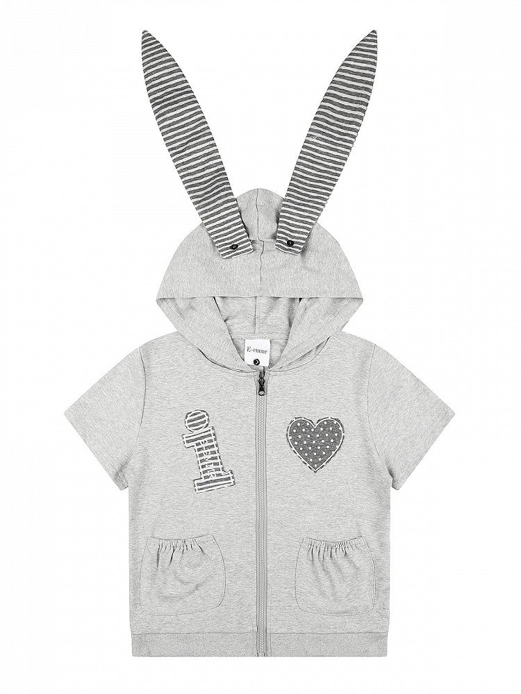 Gray Hooded Zip-Up Short Sleeve Top with Detachable Striped Bunny Ears & Heart Letter Patches - Languid Park