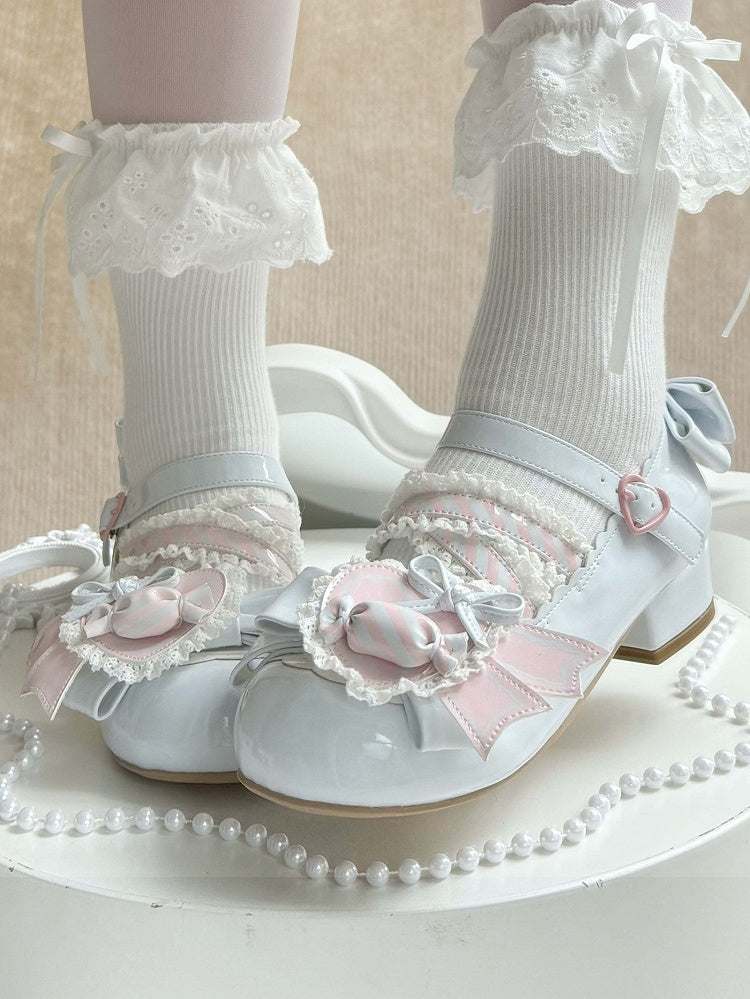 - Low Heels Pink mit Clip Style Lolita Sweet A Candy-Decorated Heart Shoe Bow Blue