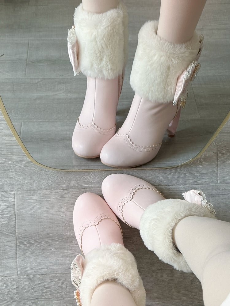 Sakura Pink Plush Boots - Cuff Heel Heart
