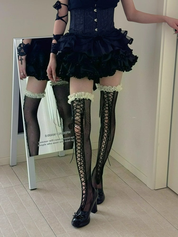 Dark Black Lace Strap Knee High Thigh Socks