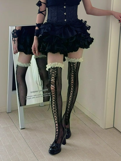 Dark Black Lace Strap Knee High Thigh Socks