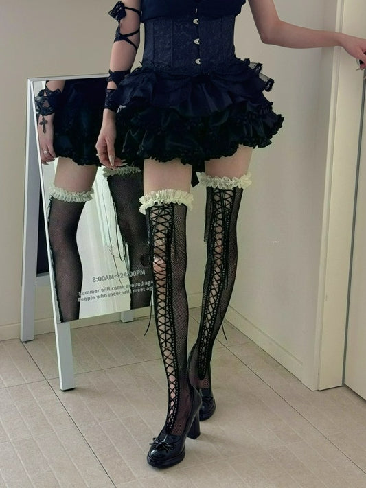 Dark Black Lace Strap Knee High Thigh Socks