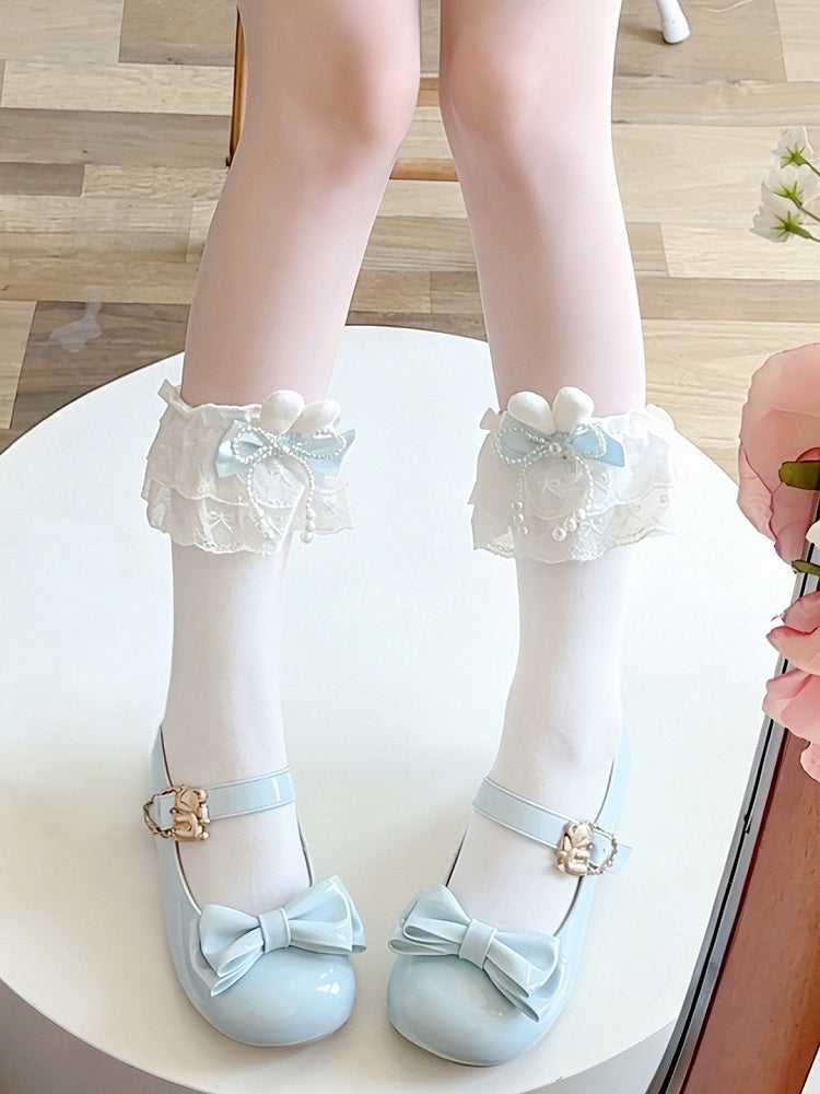 Bunny-Ear Lace Lolita Mid-Calf Socks with Bows, 3 Hues - Milkcat Studio