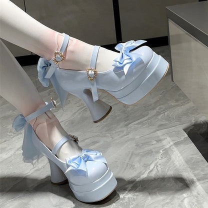 Decorative Platform Sky Bows Sweet Lolita Blue with in Round-Toe Mary Janes High-heel