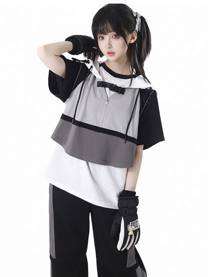 T-Shirt Star Print Black  White Colorblock Design
