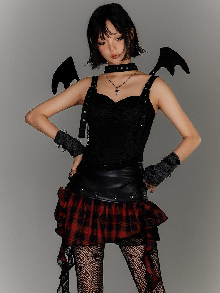 Ruffled Black PU Punk Skirt Hem Y2K Asymmetrical Red Plaid