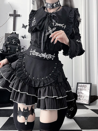 Ruffle Gothic Tie Front Topwith Long LacingBow Back Metal Black Eyelet Sleeve Trimmed