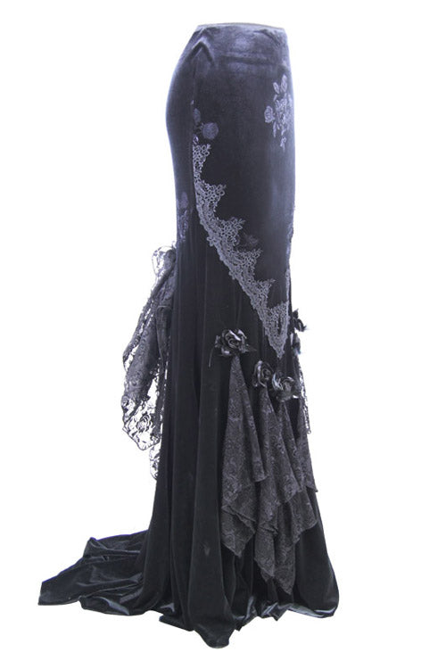Black Rose Embossed Gothic Velvet Long Fishtail Skirt for Women