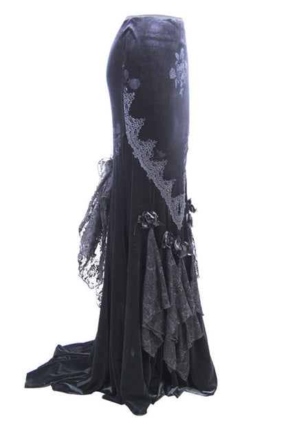 Black Rose Embossed Gothic Velvet Long Fishtail Skirt for Women