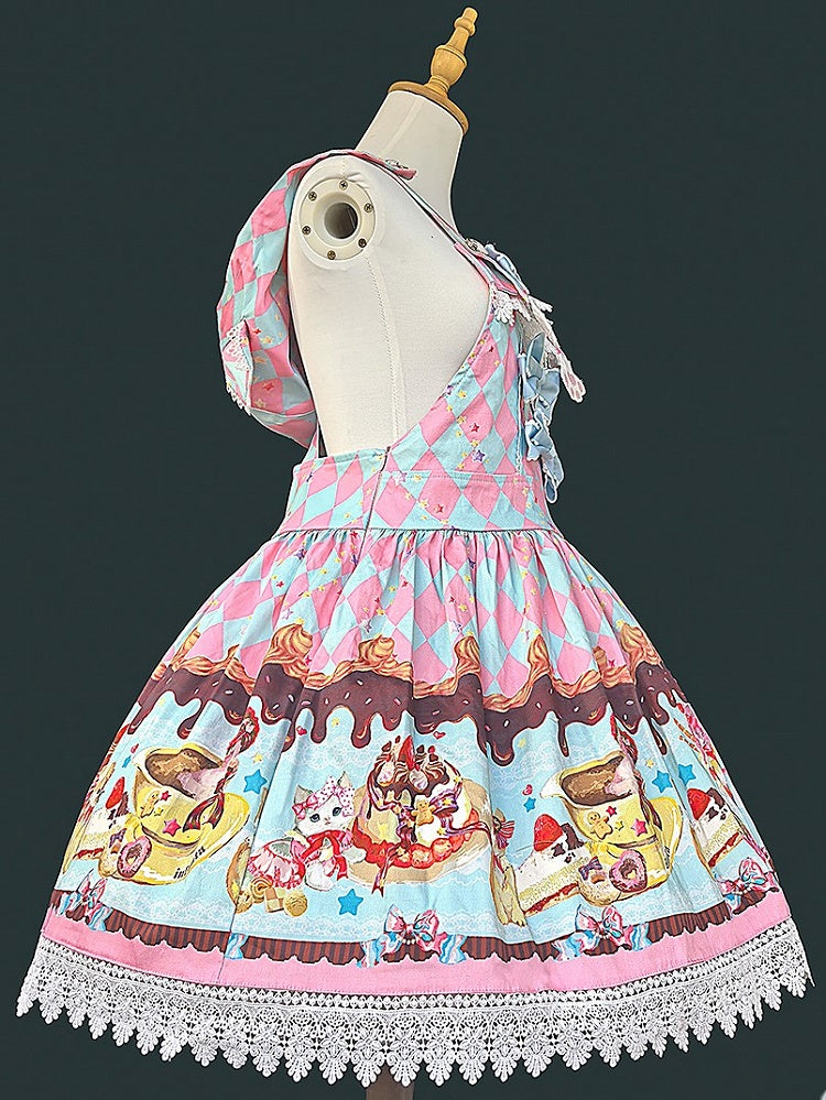 Lolita with Dessert Ear Cat Diamond and Sweet Hood Dress Print Pattern Overall Pink Green