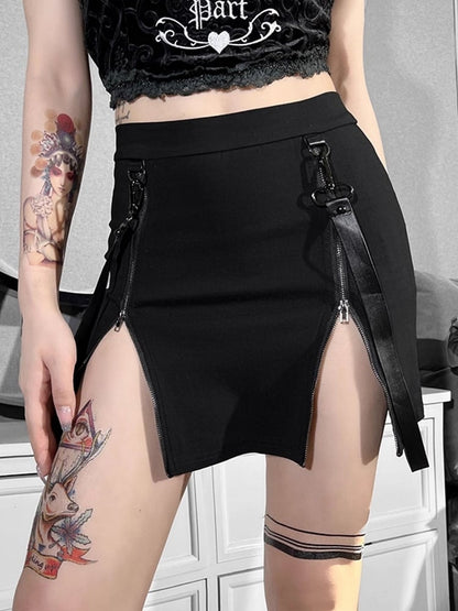 Punk Skirt Short Zippers with Straps Hook Black Halloween Dual