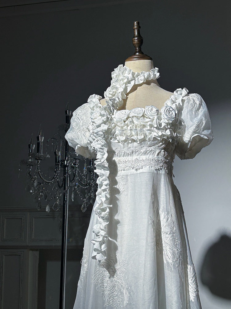 Quadratische verzierte Taille Rosen Elegant Empire Stück Ausschnitt weißes Kleid One Lolita