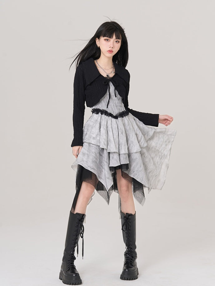 Gray Handkerchief Hem Ruffled Lace Trim Vintage Cami Dress