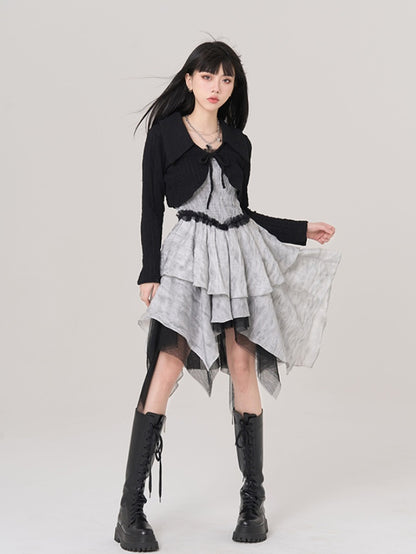 Gray Handkerchief Hem Ruffled Lace Trim Vintage Cami Dress